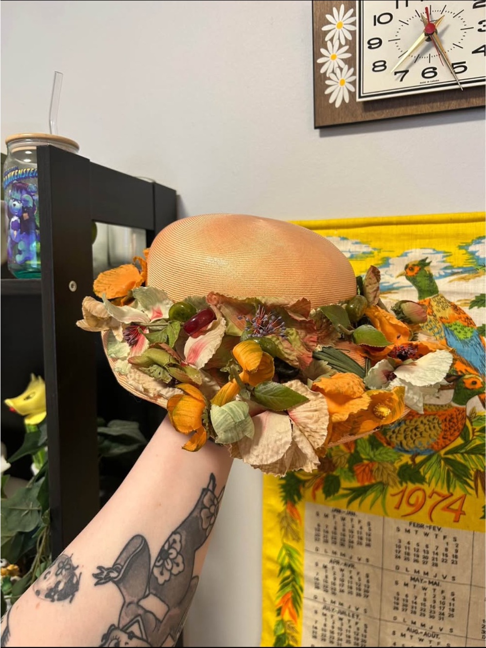 Vintage Floral Peach Women's Hat with Orange Flower Trim and Fake Plastic Fruits